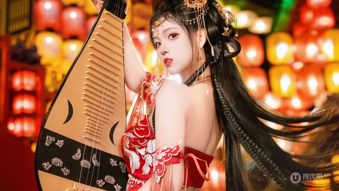 红衣古装汉服美女小姐姐犹抱琵琶喜庆写真桌面壁纸图片