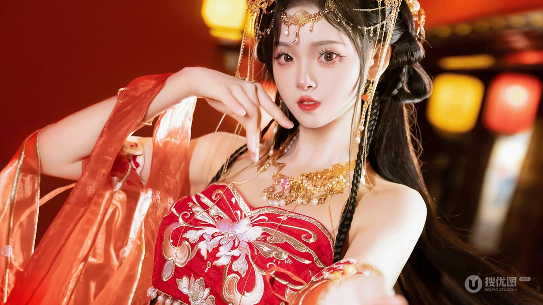 红衣古装汉服美女小姐姐犹抱琵琶喜庆写真桌面壁纸图片