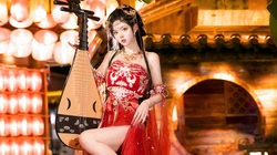 红衣古装汉服美女小姐姐犹抱琵琶喜庆写真桌面壁纸图片