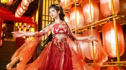 红衣古装汉服美女小姐姐犹抱琵琶喜庆写真桌面壁纸图片