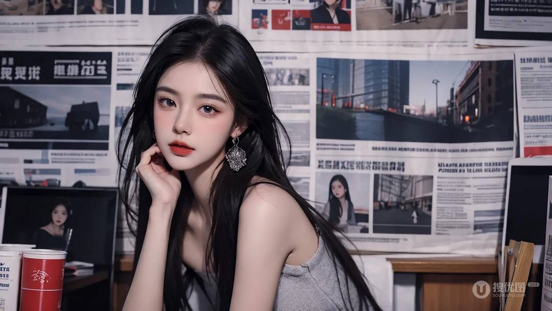 高颜值美女小姐姐AI美图，黑直长发漂亮美女小姐姐安静坐着看着你好看壁纸