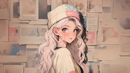 戴着可爱帽子的粉色卷发发型漂亮大眼睛美少女AI美图壁纸图片