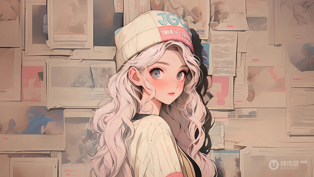 戴着可爱帽子的粉色卷发发型漂亮大眼睛美少女AI美图壁纸图片