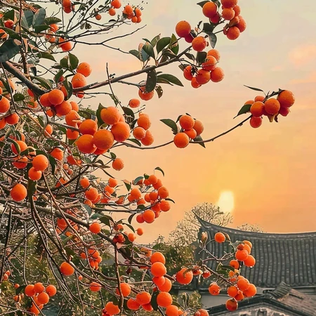 夕阳下，古城间，橘色的温柔 挂满枝头的成熟橘子唯美背景图片