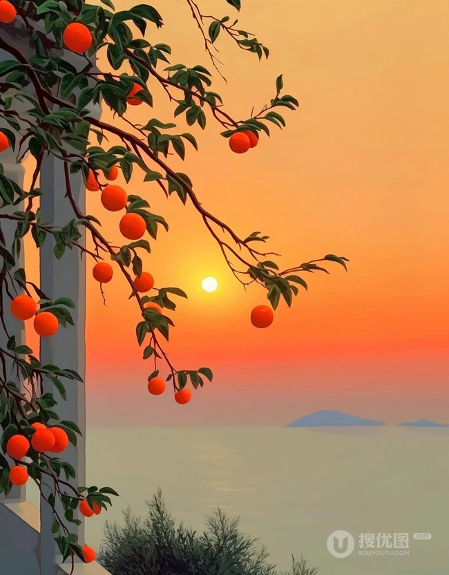 夕阳下，古城间，橘色的温柔 挂满枝头的成熟橘子唯美背景图片 第2张