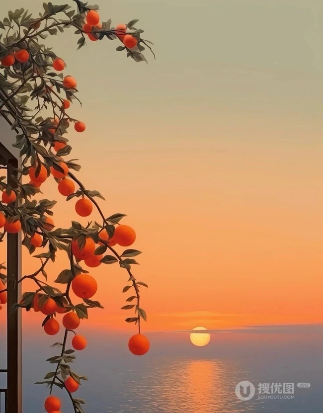 夕阳下，古城间，橘色的温柔 挂满枝头的成熟橘子唯美背景图片 第5张