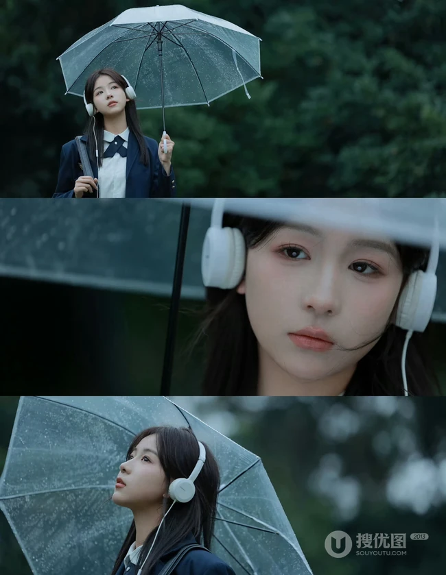 轻风细雨，享受一个人的清新和音乐，撑伞行走在阴雨中的女孩漫步绿荫树下摄影美图