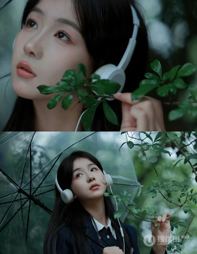 轻风细雨，享受一个人的清新和音乐，撑伞行走在阴雨中的女孩漫步绿荫树下摄影美图