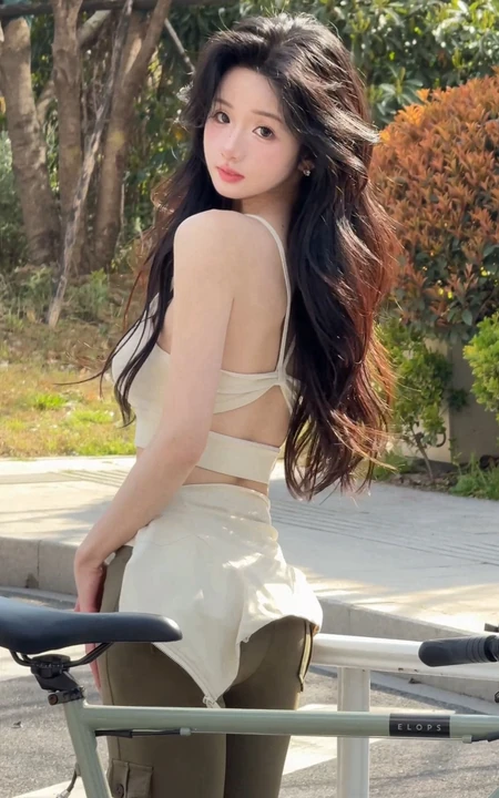 梨型身材的女孩，街拍紧身穿搭的青春少女骑自行车感受春天自拍美照