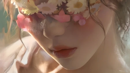 眼睛蒙着花束，漂亮精致的动漫AI美女人物肖像壁纸图片