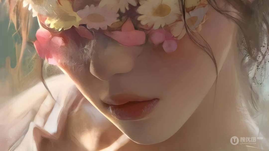 眼睛蒙着花束，漂亮精致的动漫AI美女人物肖像壁纸图片
