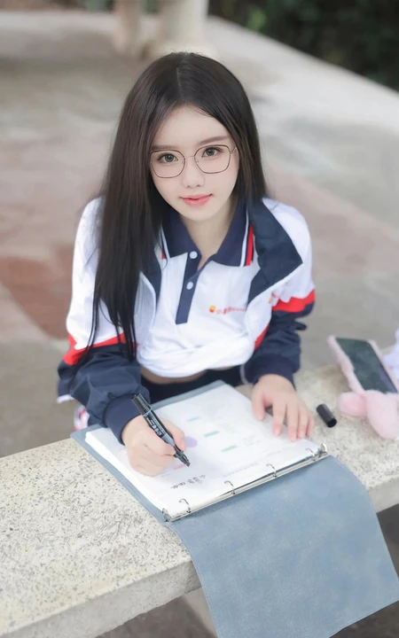 认真学习的学生妹子，蹲在石凳边上写作业的学生制服美女手机壁纸图片