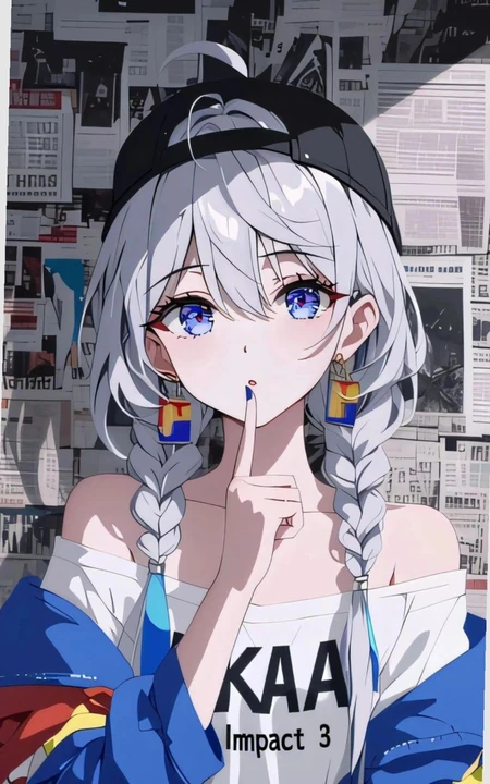 银发双麻花辫蓝眼动漫少女 嘘手势潮酷插画