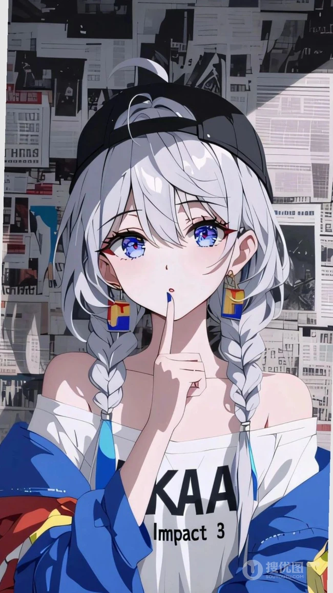 银发双麻花辫蓝眼动漫少女 嘘手势潮酷插画