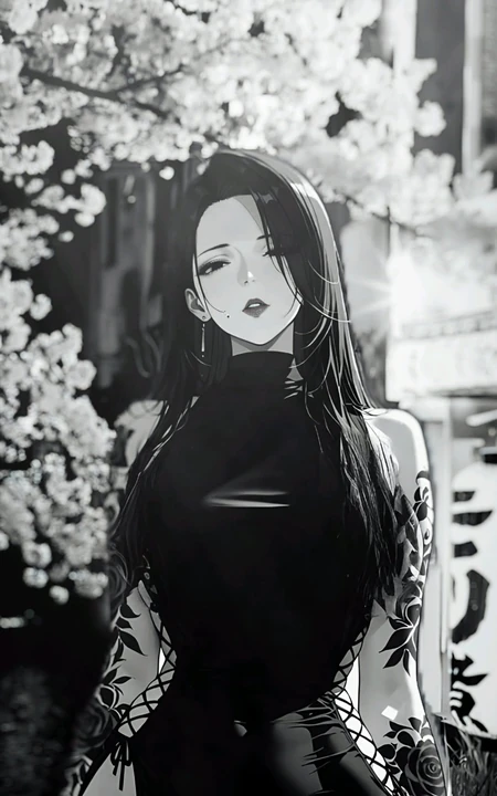 黑白风御姐动漫女生花臂樱花背景插画