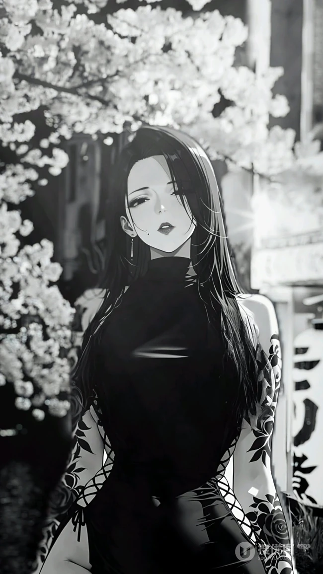 黑白风御姐动漫女生花臂樱花背景插画