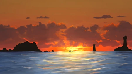 海边黄昏落日灯塔橙红色天空海面风景