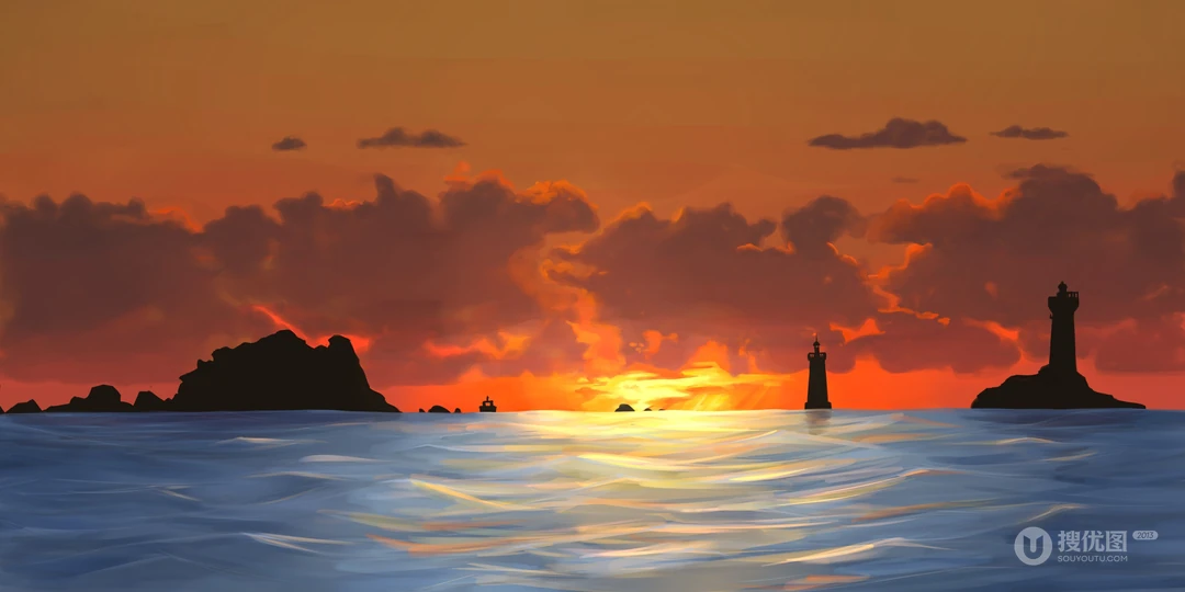 海边黄昏落日灯塔橙红色天空海面风景
