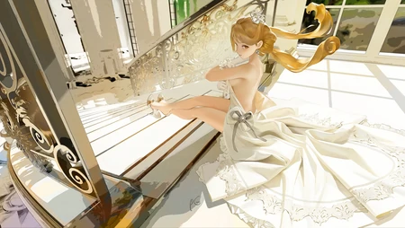 唯美婚纱礼服金发动漫少女室内插画壁纸