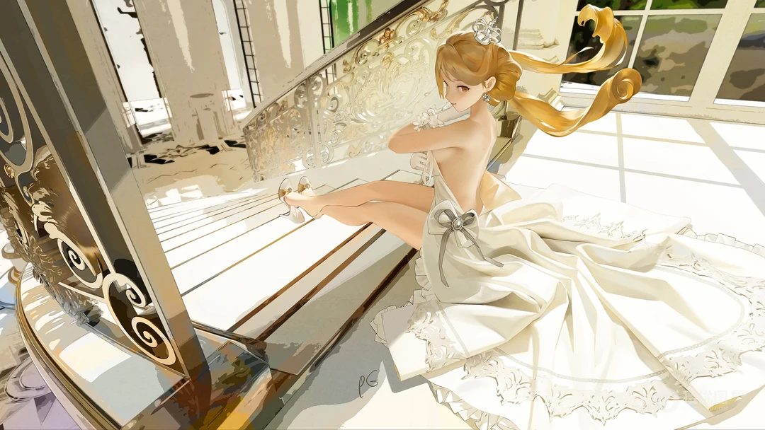 唯美婚纱礼服金发动漫少女室内插画壁纸