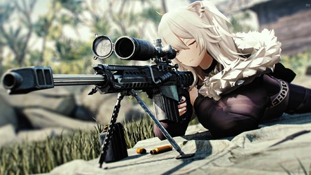白发兽耳少女持狙击枪户外射击场景动漫壁纸