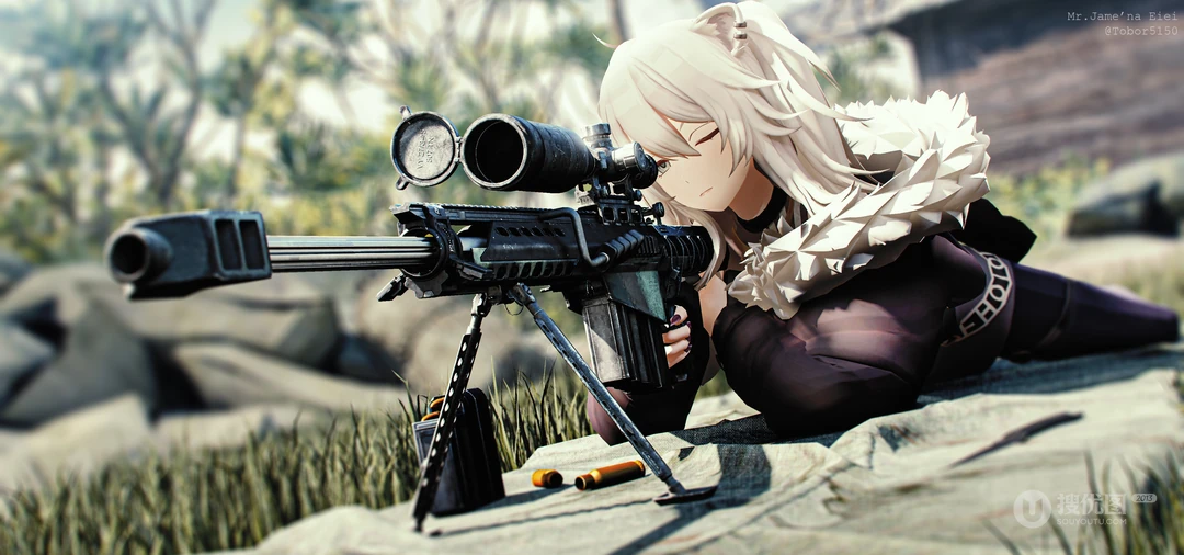 白发兽耳少女持狙击枪户外射击场景动漫壁纸