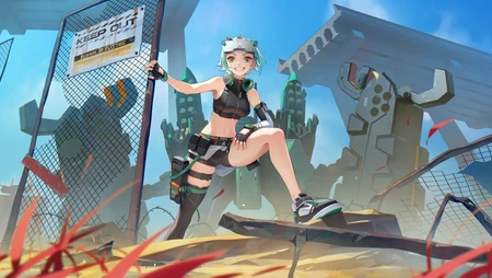 终末阵线短发活力绿发少女户外动漫插画壁纸