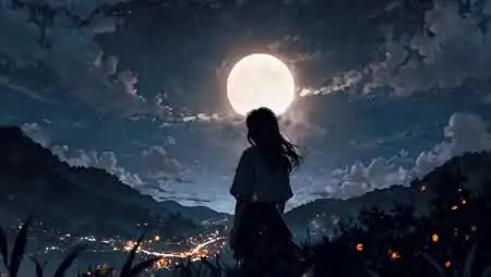 动漫风满月夜景女孩背影唯美插画壁纸