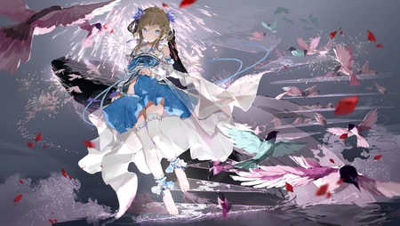 蓝裙少女飞鸟花瓣唯美动漫插画壁纸