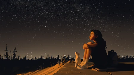 女孩与小狗静坐天台 仰望璀璨星空动漫壁纸