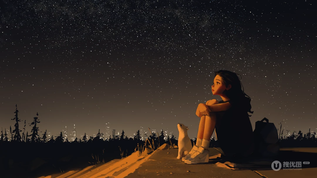 女孩与小狗静坐天台 仰望璀璨星空动漫壁纸