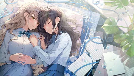 制服少女依偎小憩校园风日系动漫壁纸