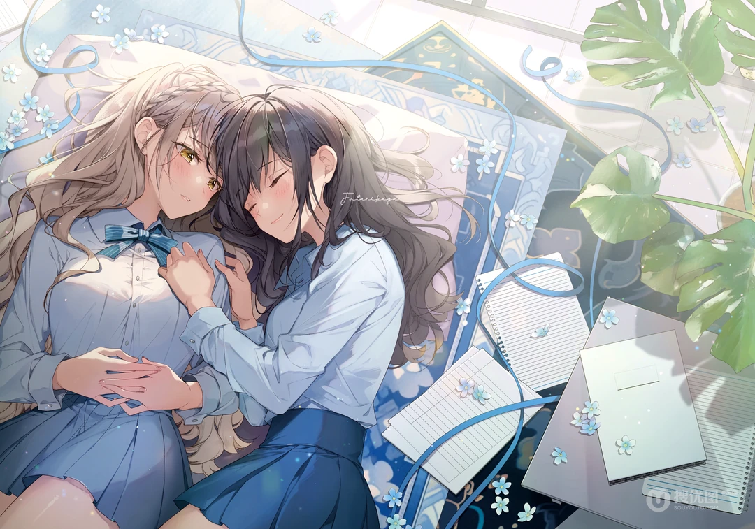 制服少女依偎小憩校园风日系动漫壁纸