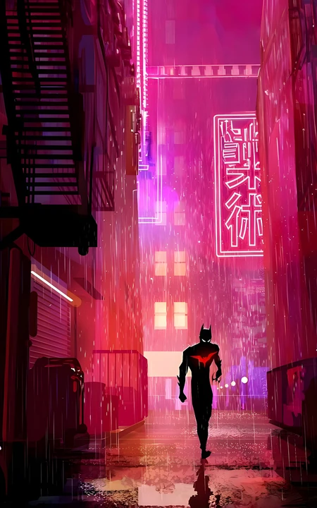 未来蝙蝠侠雨夜霓虹赛博都市同人插画