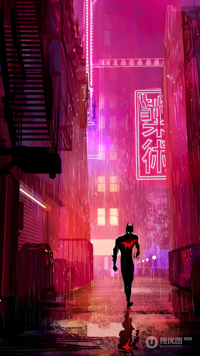 未来蝙蝠侠雨夜霓虹赛博都市同人插画