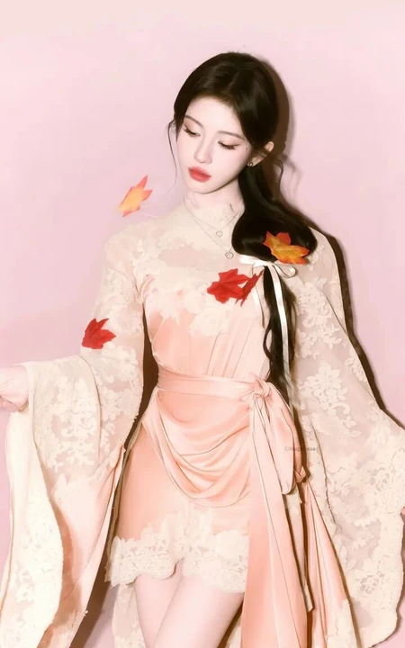 鞠婧祎古风枫叶蕾丝连衣裙舞台写真合集