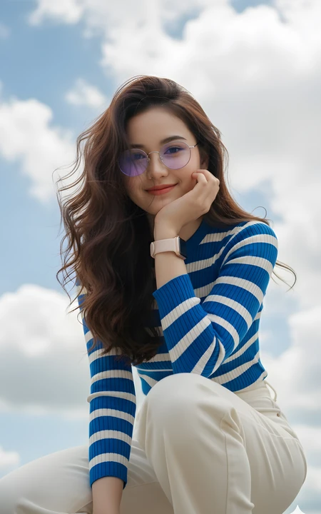 蓝白条纹针织衫戴眼镜长发女生户外写真