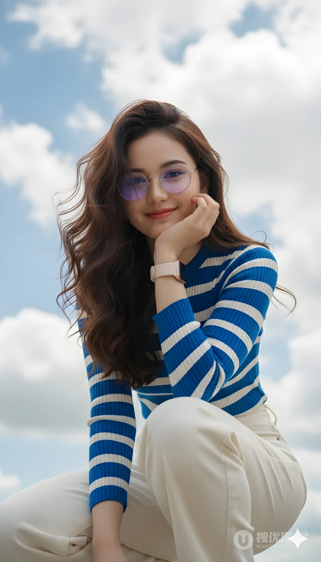 蓝白条纹针织衫戴眼镜长发女生户外写真