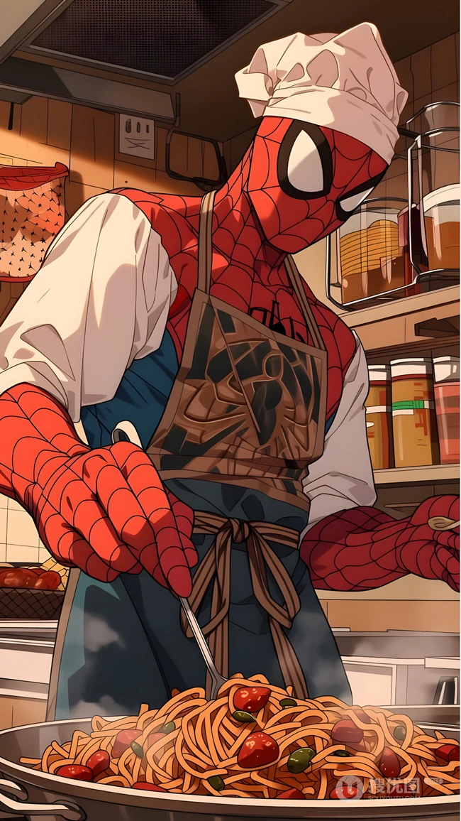 蜘蛛侠化身厨师在厨房烹饪番茄意面插画