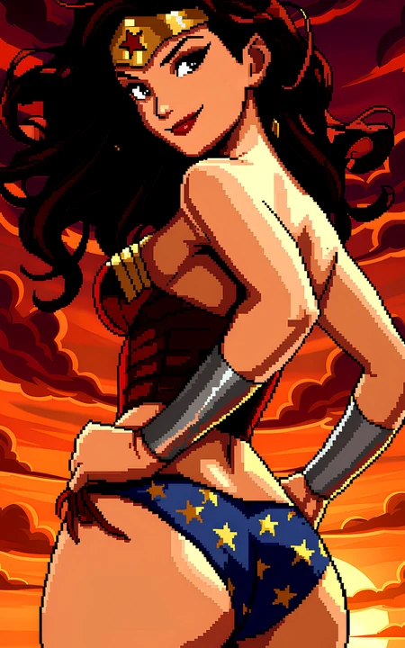 像素风格神奇女侠戴安娜夕阳背景插画