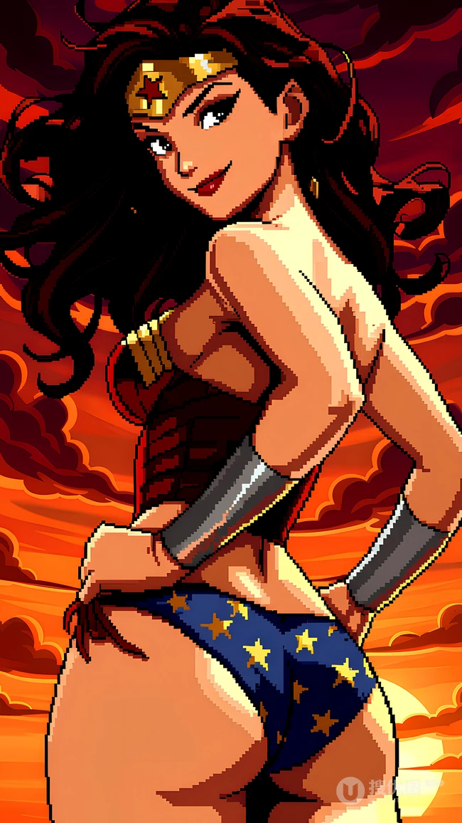 像素风格神奇女侠戴安娜夕阳背景插画
