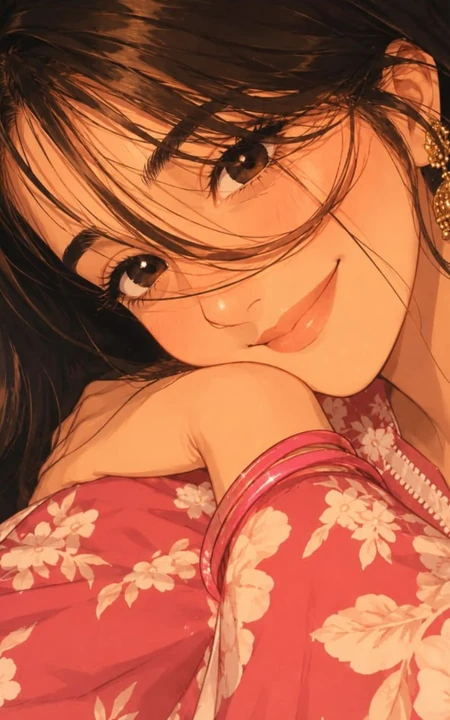 复古风手绘动漫女生托腮微笑暖调插画