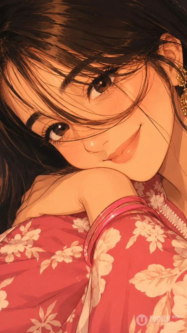 复古风手绘动漫女生托腮微笑暖调插画