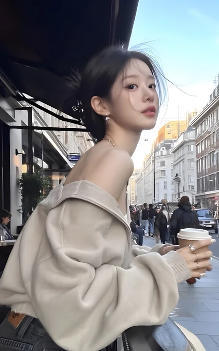 街头手持咖啡的气质女生随拍