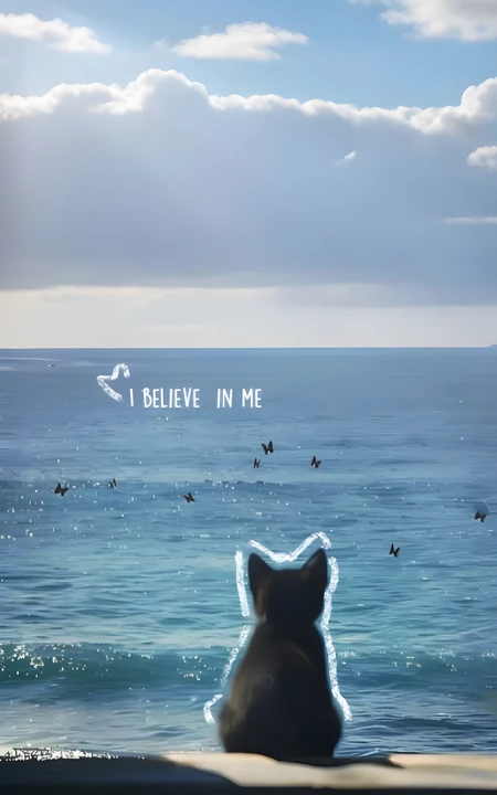 治愈系黑猫眺望海景励志创意插画