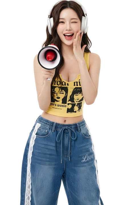 手持喇叭戴耳机的活力甜酷女生穿搭写真