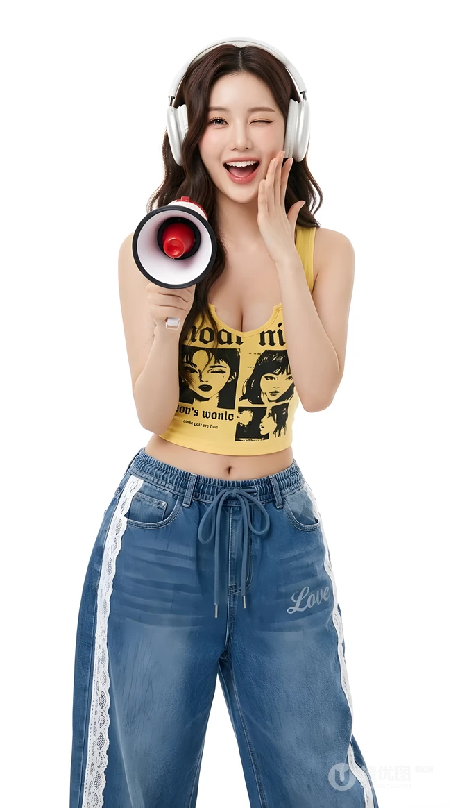手持喇叭戴耳机的活力甜酷女生穿搭写真
