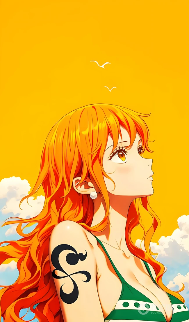 海贼王娜美侧身仰望暖黄天空插画