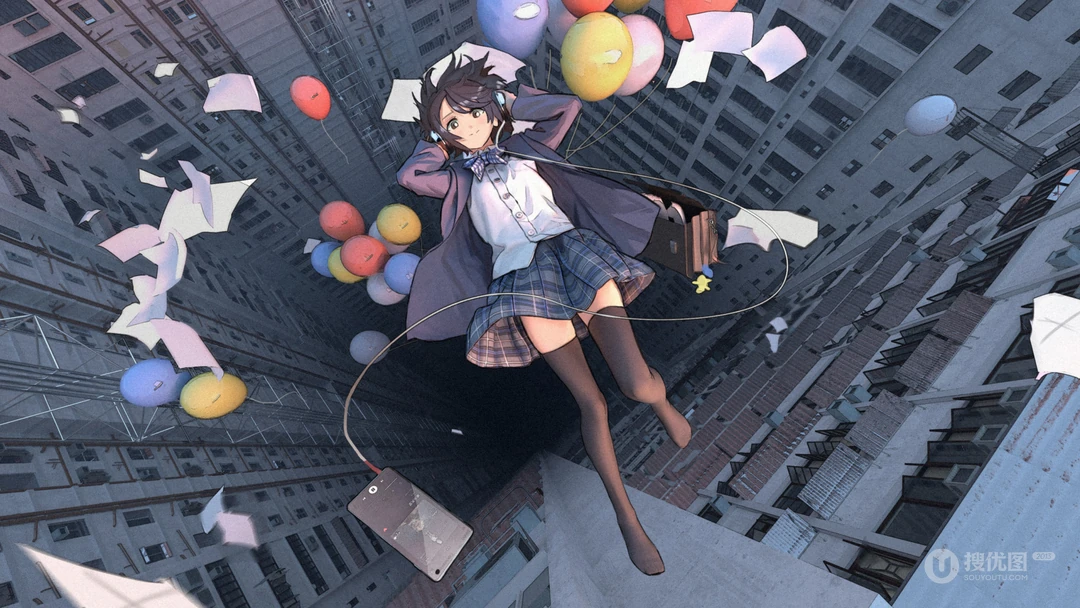 仰望高楼间悬浮的日系JK制服少女插画