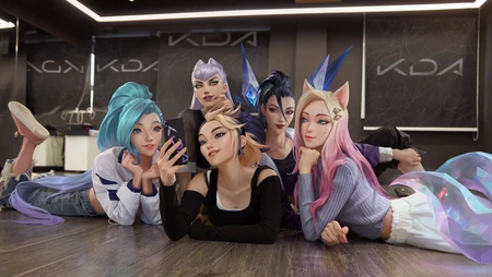 英雄联盟KDA女团自拍合影休闲风插画